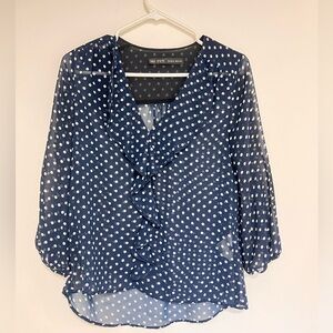 Zara Blue and White Ruffled 3/4 Sleeve Blouse